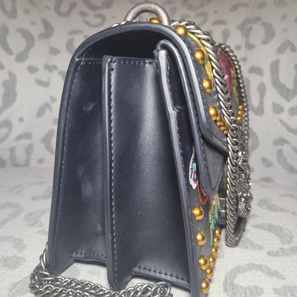 Floral Gold Studded Faux Leather Chain Strap Black - Picture 10 of 14
